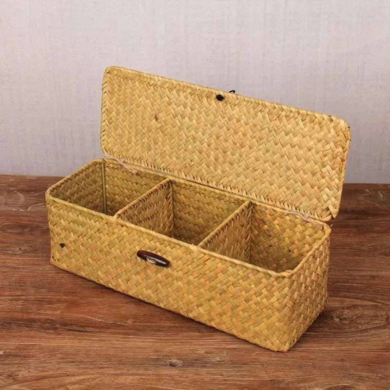 Partitioned Storage Box, Handcrafted Woven Storage Basket, Rectangular Vintage Shelf, for Home Organization Storage Containers